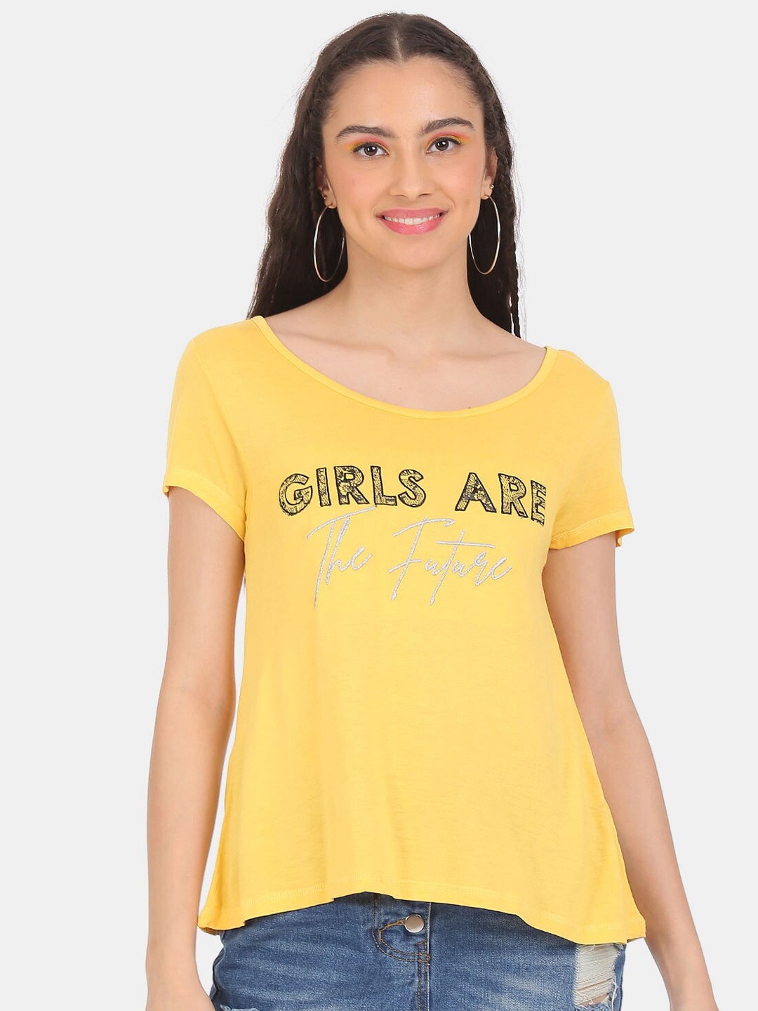 

Sugr Women Yellow Typography Printed Cotton T-shirt