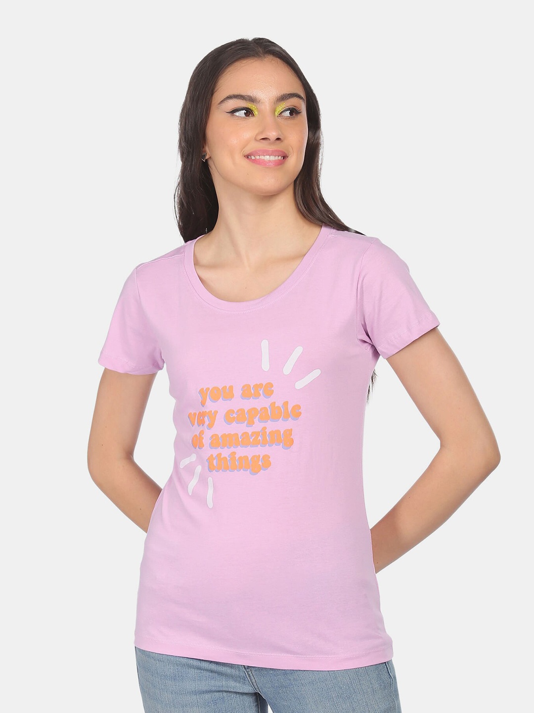 

Sugr Women Pink Typography Printed Cotton T-shirt