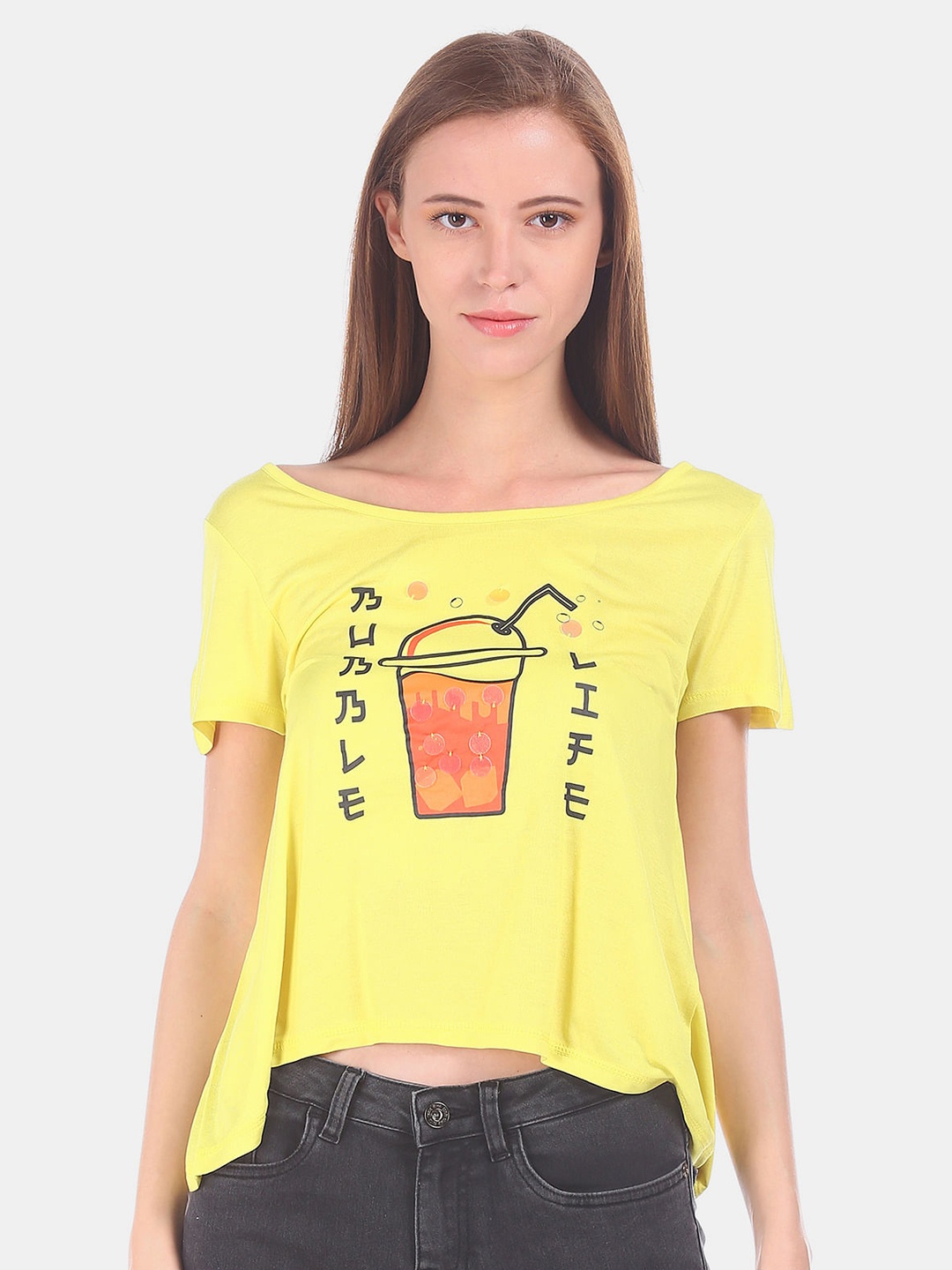 

Sugr Women Yellow Printed Cotton T-shirt
