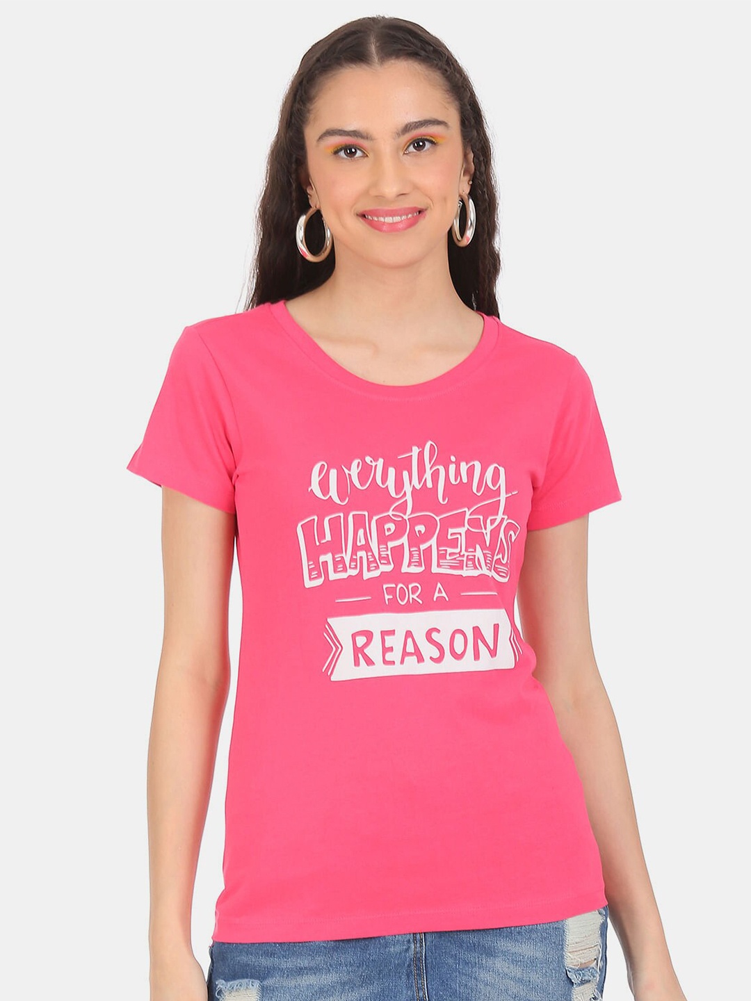 

Sugr Women Pink Typography Printed Pure Cotton T-shirt