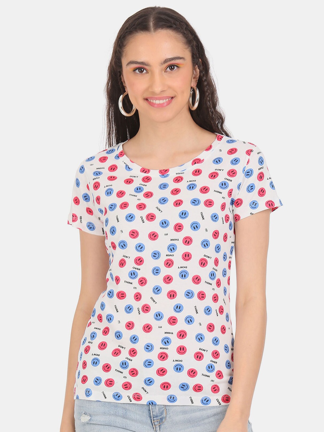 

Sugr Women White & Blue Printed Cotton T-shirt