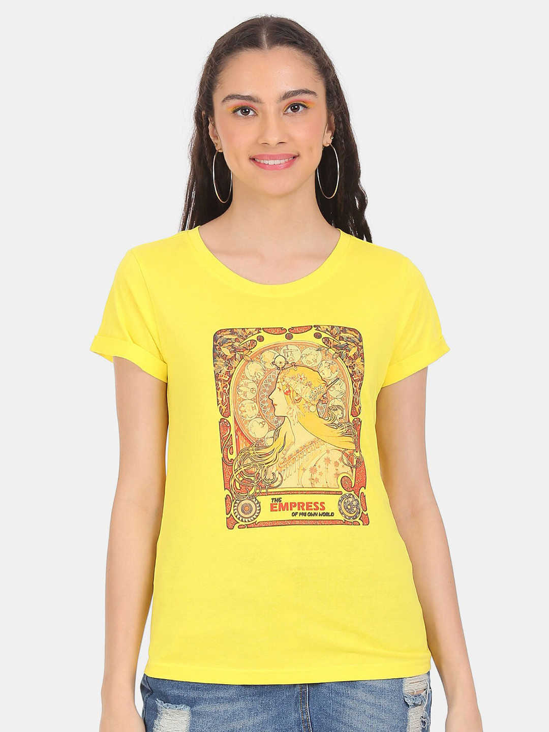 

Sugr Women Yellow Graphic Printed Pure Cotton T-shirt