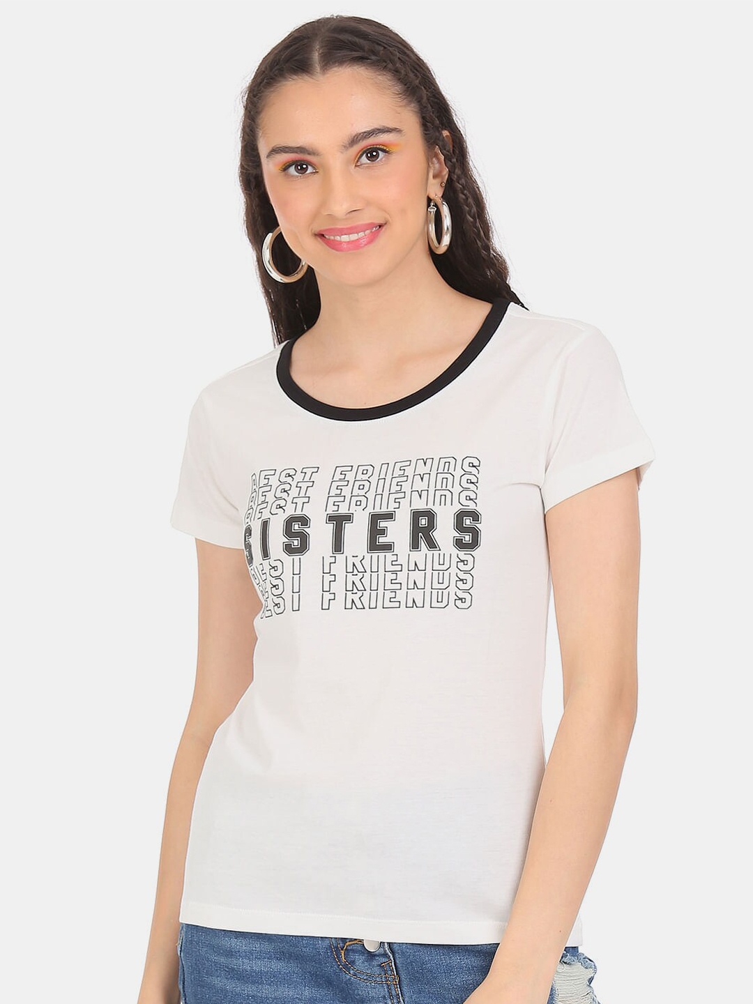 

Sugr Women White Typography Printed Cotton T-shirt