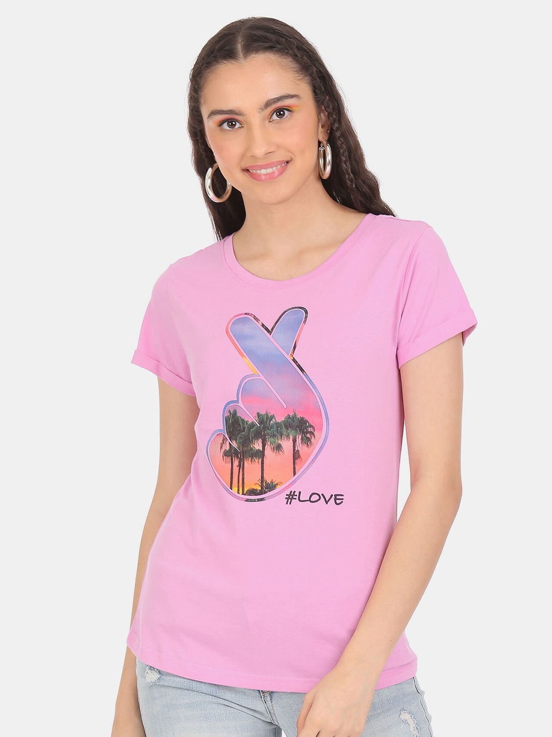 

Sugr Women Pink Printed Cotton T-shirt