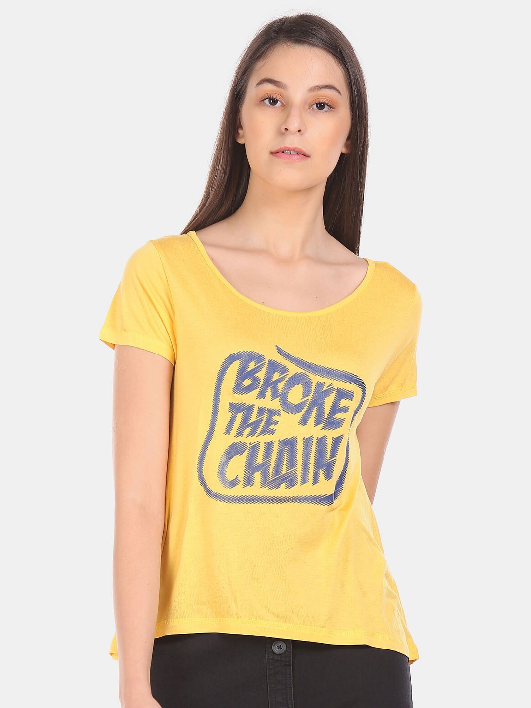 

Sugr Women Yellow & Blue Typography Printed T-shirt
