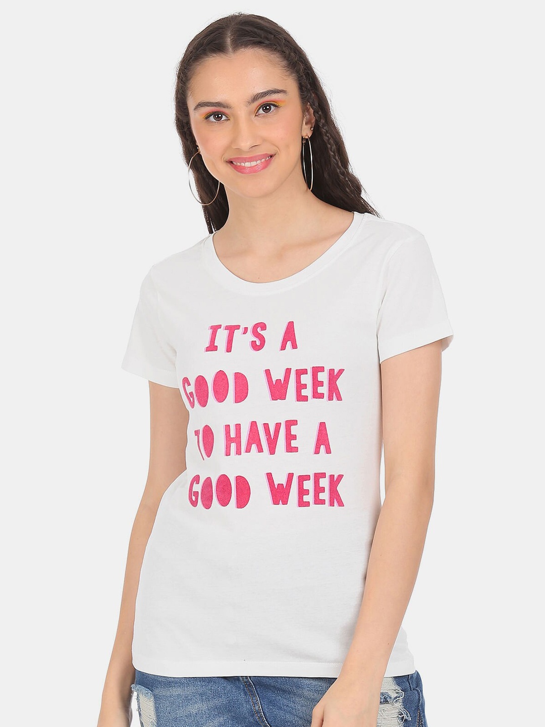 

Sugr Women White Typography Printed Extended Sleeves 100% Cotton T-shirt