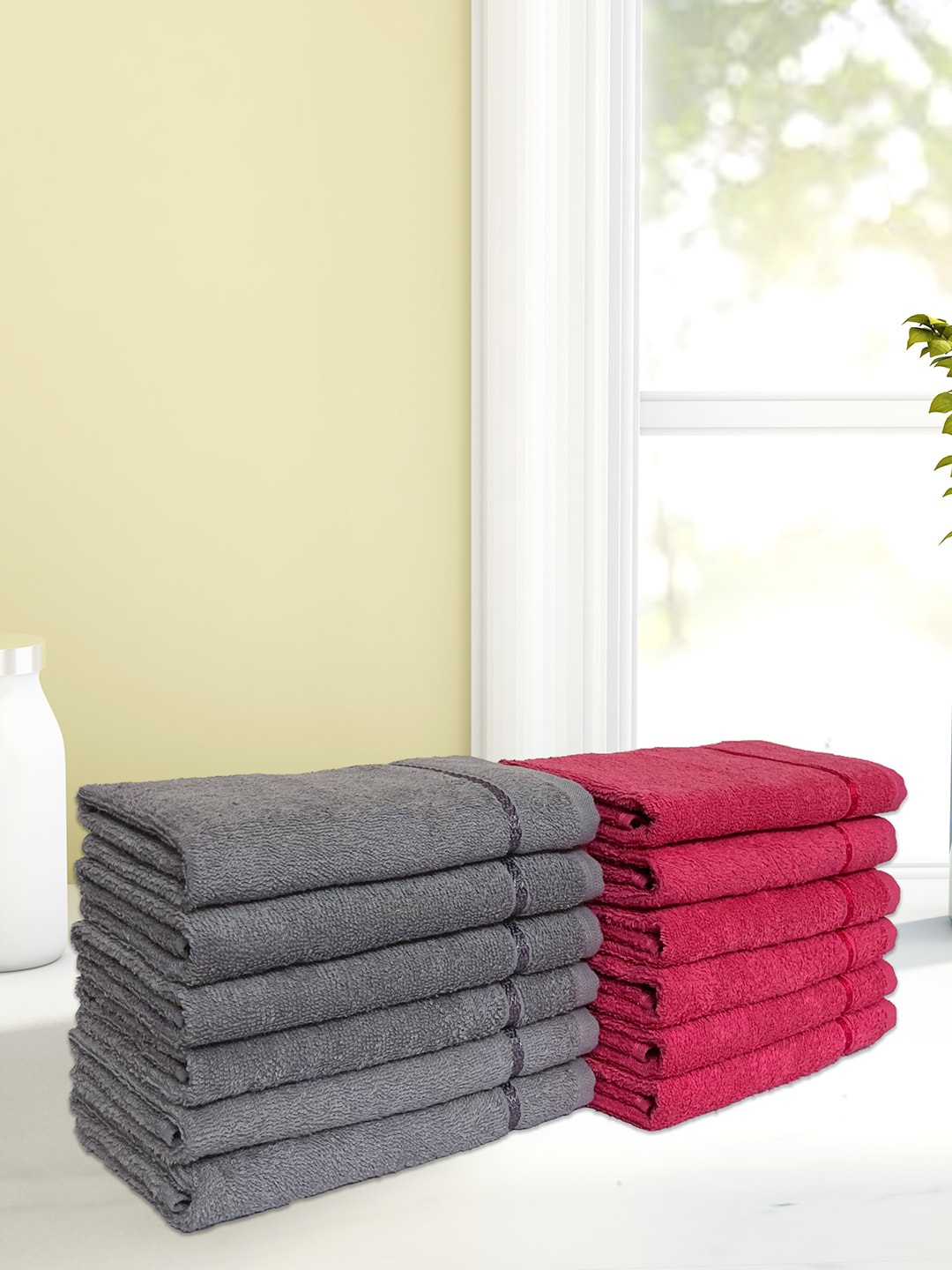 

SPACES Set Of 12 Solid 380 GSM Pure Cotton Hand Towels, Grey