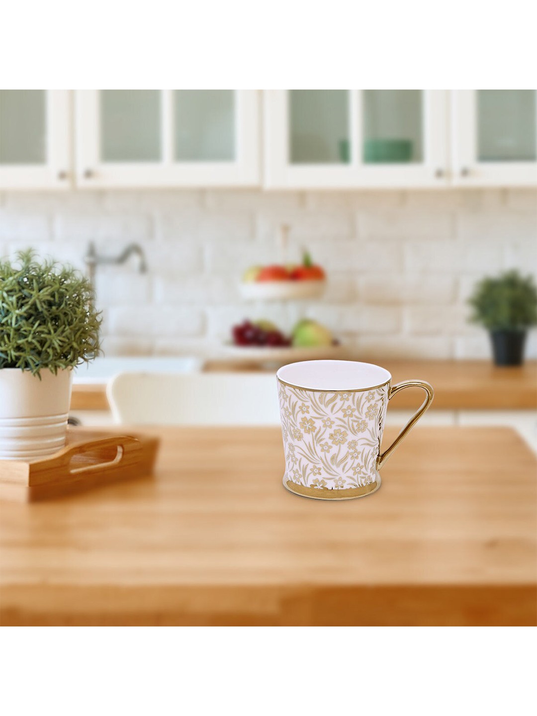 

Athome by Nilkamal White & Gold-Toned Floral Printed Ceramic Glossy Cup