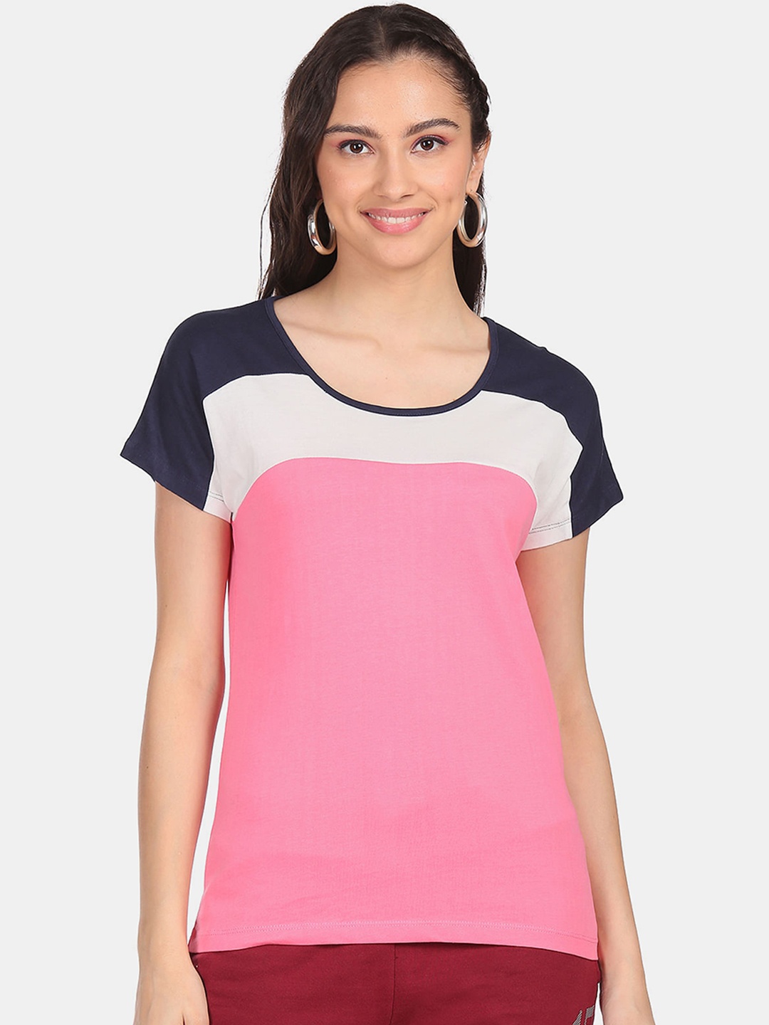 

Sugr Women Pink & White Colourblocked Extended Sleeves 100% Cotton T-shirt