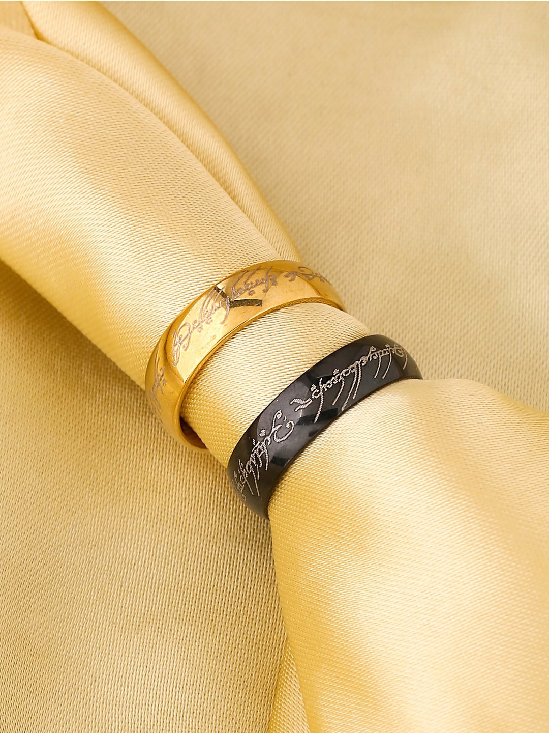 

Yellow Chimes Men Set Of 2 Gold-Toned & Black Stainless Steel Lord of The Rings Finger Rings
