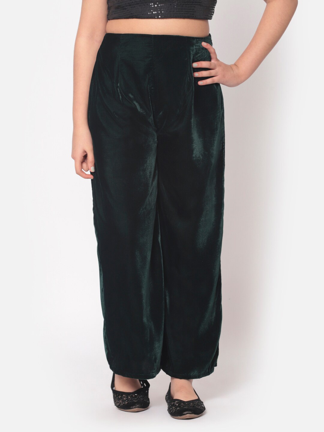 

MINOS Girls Green Solid Velvet Ethnic Wide Leg Palazzos