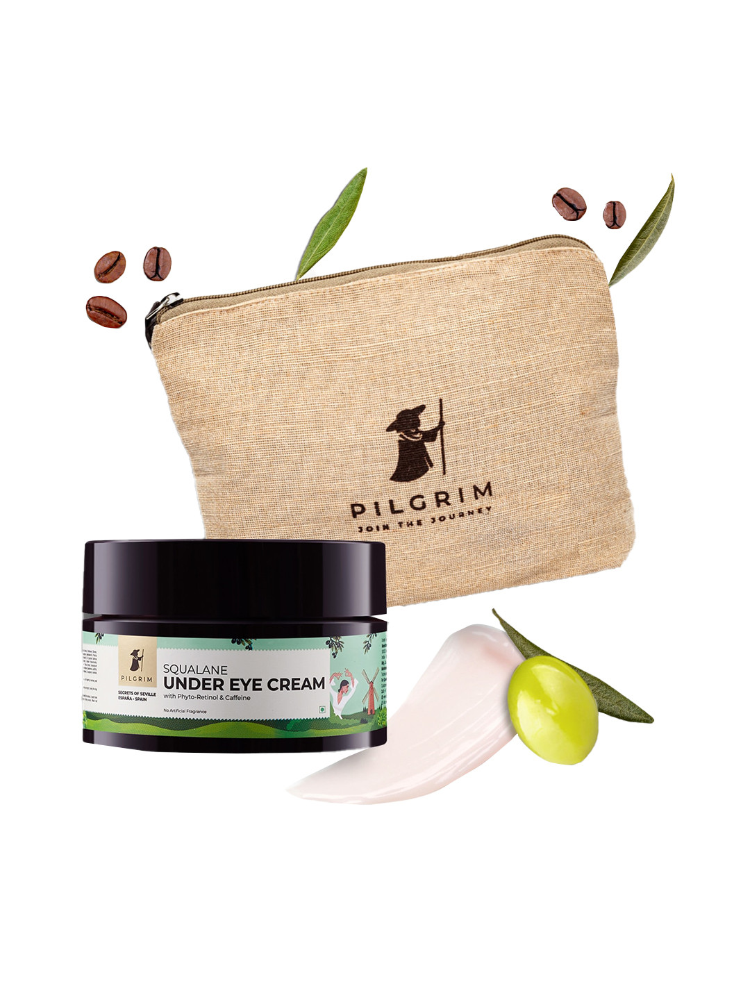

Pilgrim Squalane Under Eye Cream with Phyto Retinol & Caffeine 30 g with Jute Bag, Green