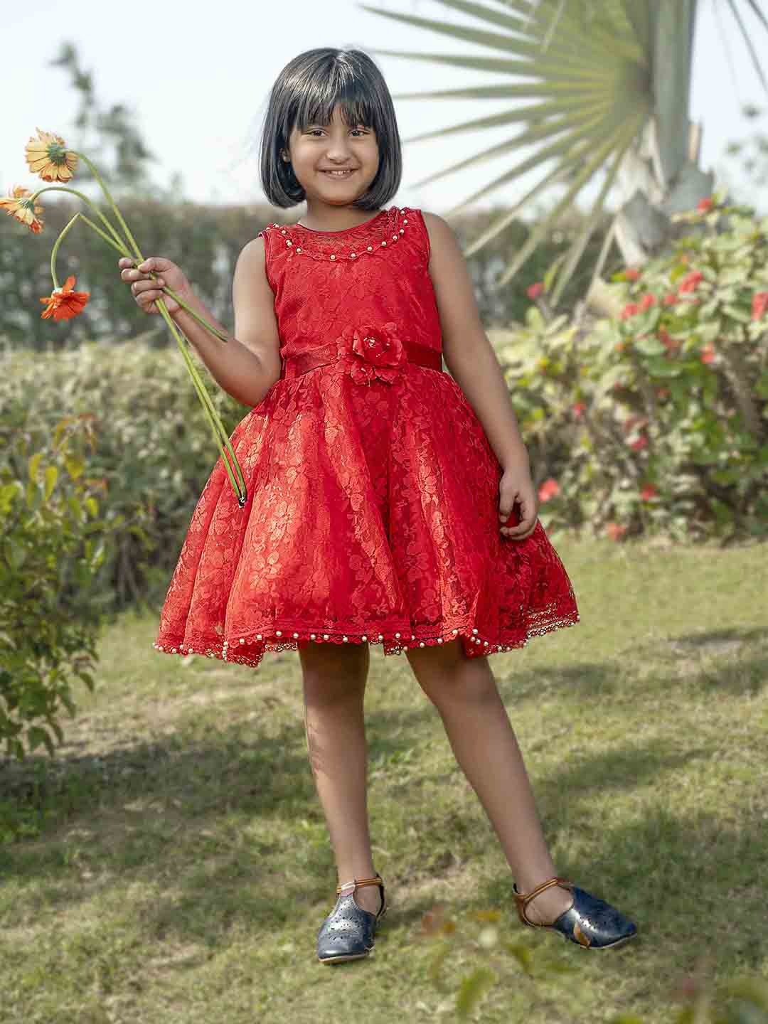 

V-Mart Girls Red Self Design Satin Gown Dress