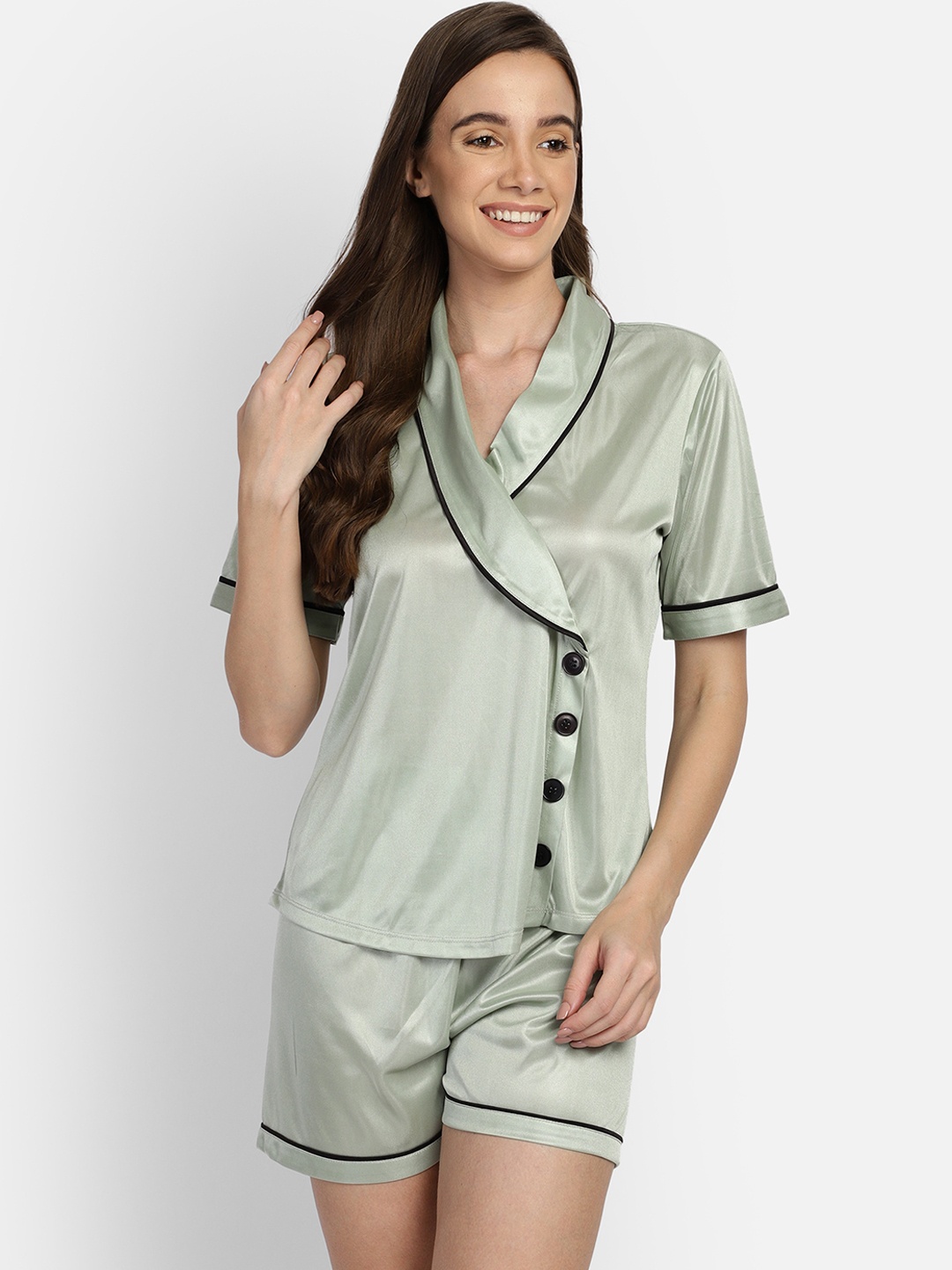 

YOU FOREVER Women Green & Black Satin Night Suit