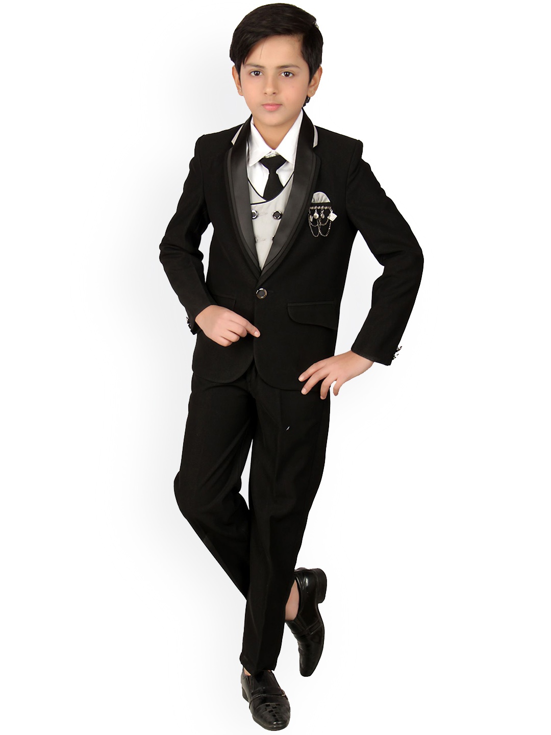 

FOURFOLDS Boys Black 5 Piece Single Breasted Party wear Suit