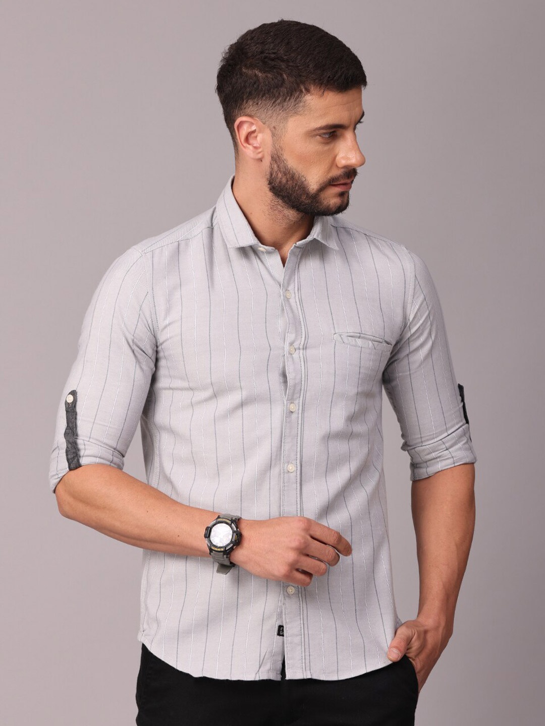 

FOGA Men Grey Classic Slim Fit Striped Pure Cotton Casual Shirt