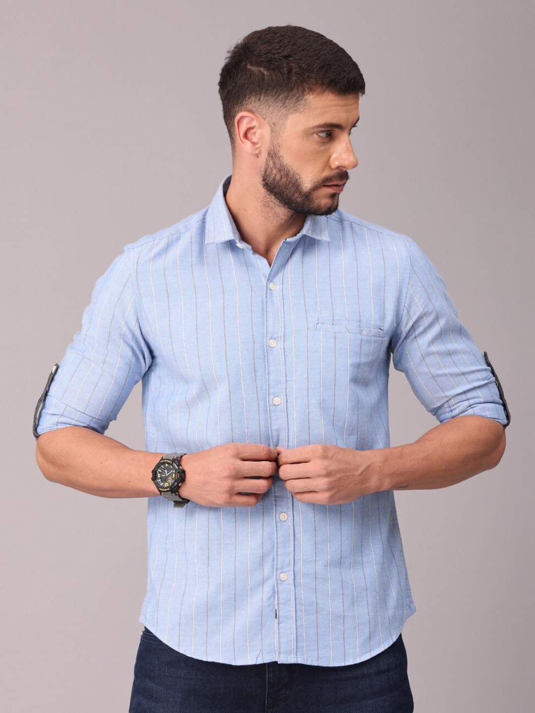 

FOGA Men Blue Classic Slim Fit Vertical Striped 100 % Oxford Cotton Casual Shirt