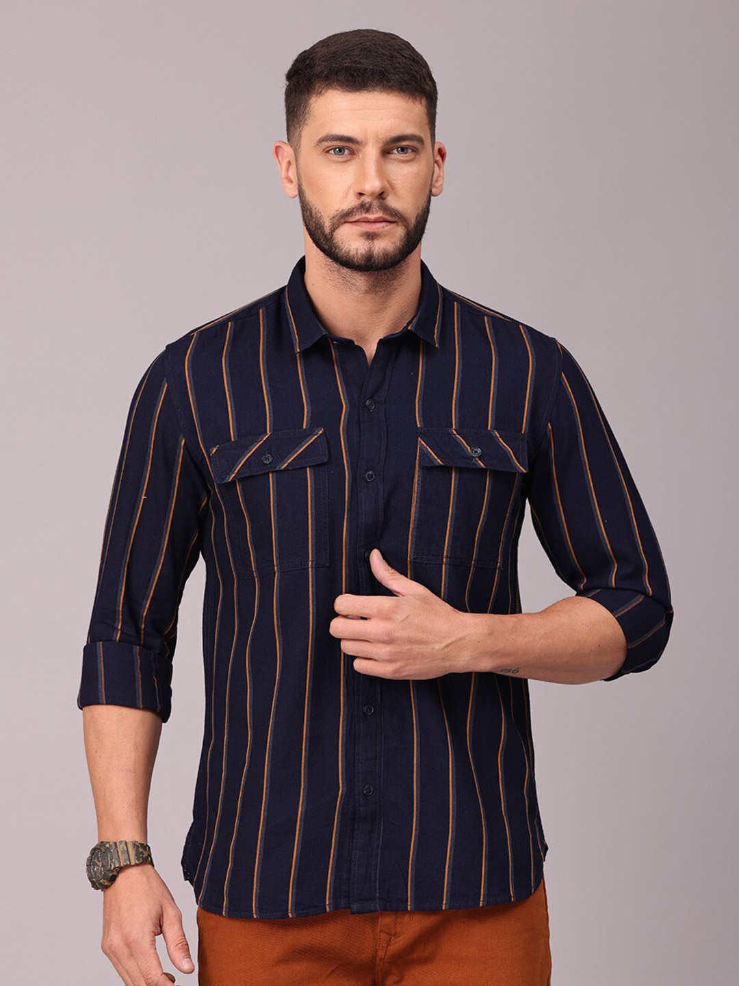 

FOGA Men Mustard Yellow & Navy Blue Classic Slim Fit Striped Casual Shirt