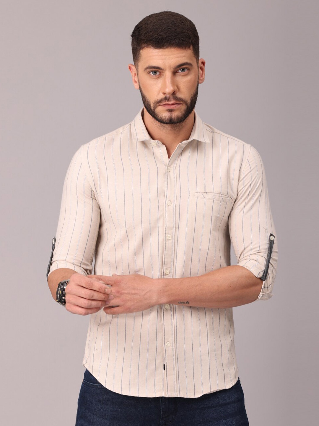 

FOGA Men Beige Classic Slim Fit Striped Casual Shirt