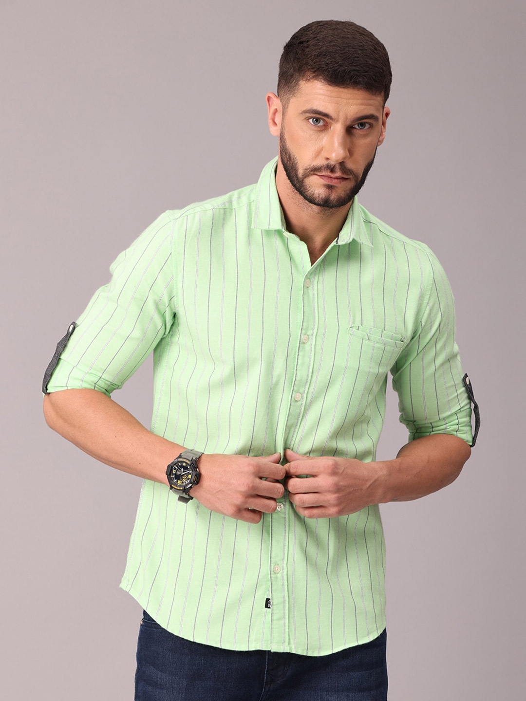 

FOGA Men Green Classic Slim Fit Striped Casual Shirt