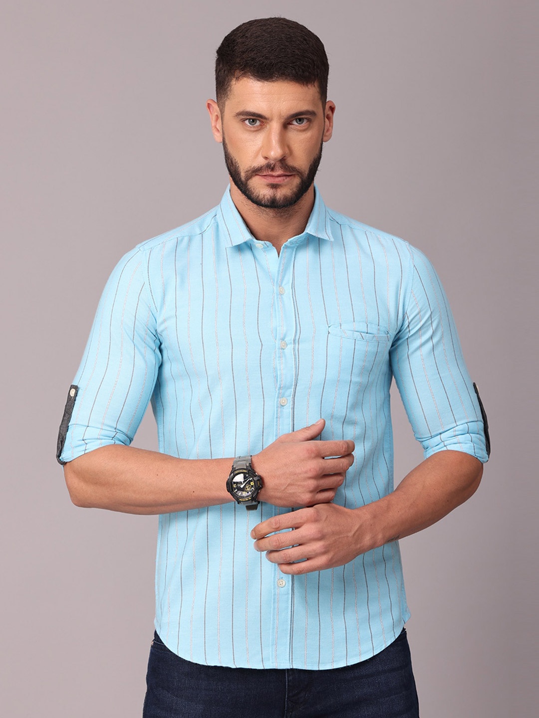 

FOGA Men Blue Classic Slim Fit Striped Casual Shirt