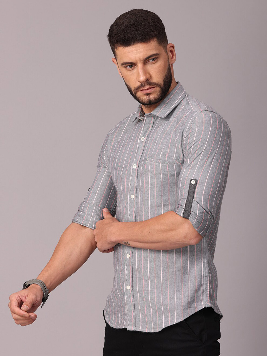 

FOGA Men Grey Classic Slim Fit Striped Casual Shirt