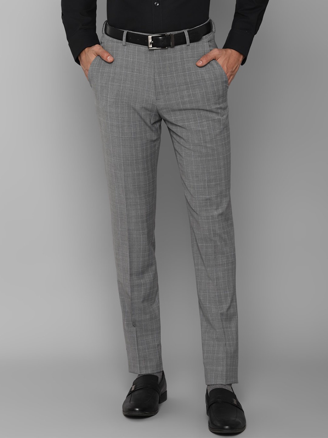 

Louis Philippe Men Grey Checked Slim Fit Trousers