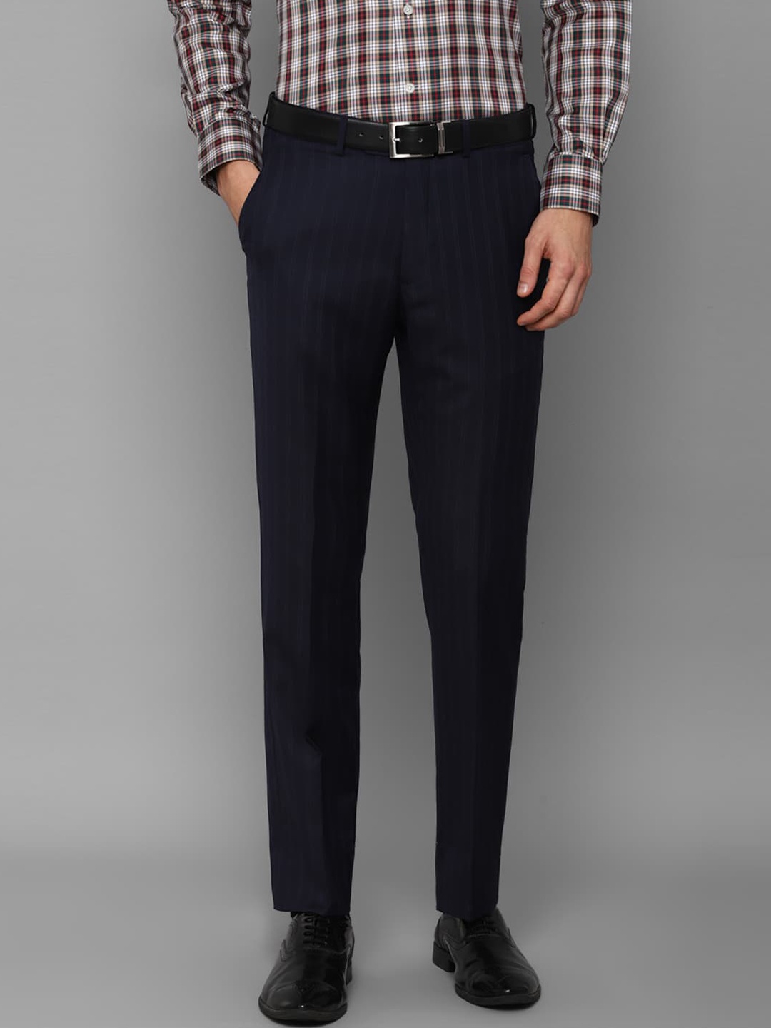 

Luxure by Louis Philippe Men Navy Blue Striped Slim Fit Formal Trousers