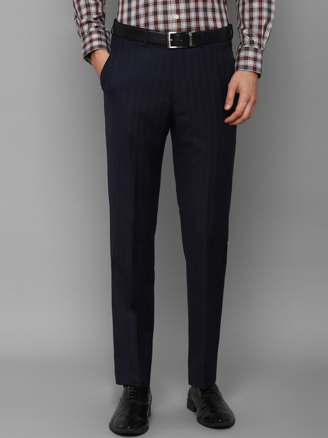 

Luxure by Louis Philippe Men Navy Blue Striped Slim Fit Trousers