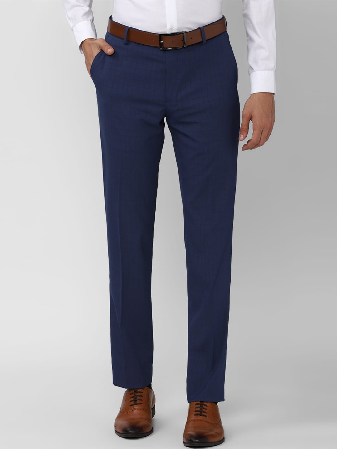 

Peter England Men Navy Blue Checked Slim Fit Trousers