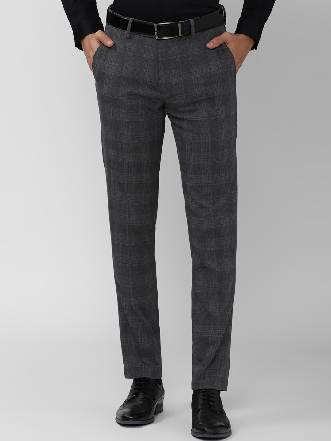 

Peter England Men Grey Checked Slim Fit Formal Trousers