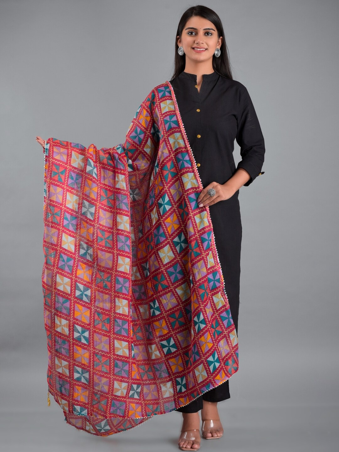 

Apratim Pink & Yellow Printed Leheriya Dupatta