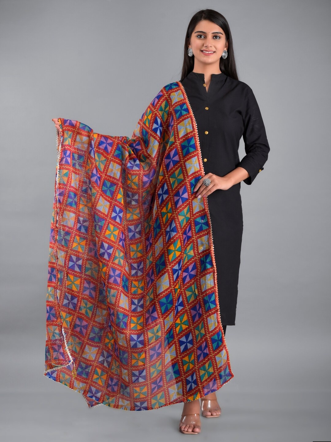 

Apratim Red & Blue Printed Leheriya Dupatta