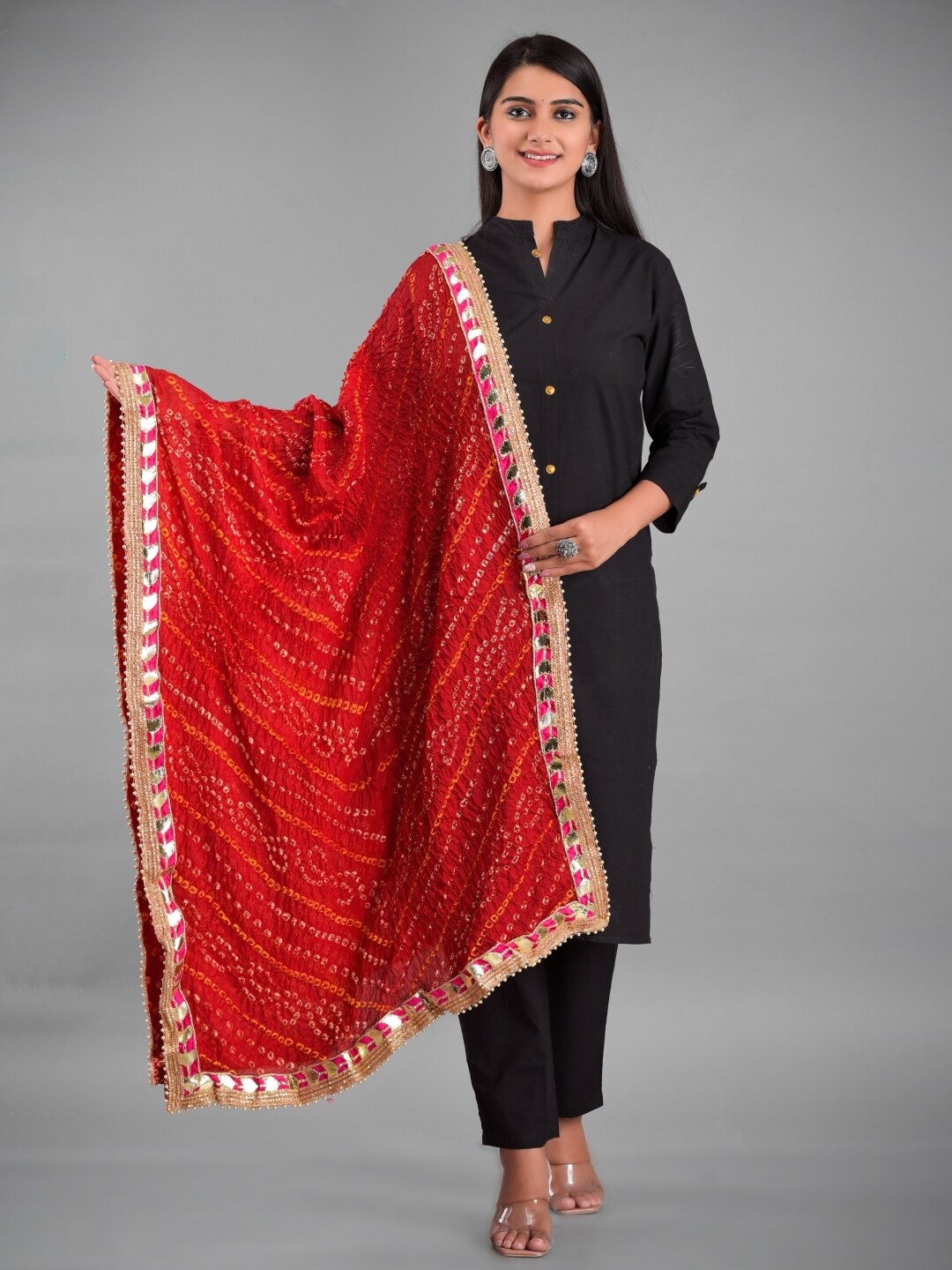 

Apratim Red & Gold-Toned Printed Art Silk Bandhani Dupatta with Gotta Patti