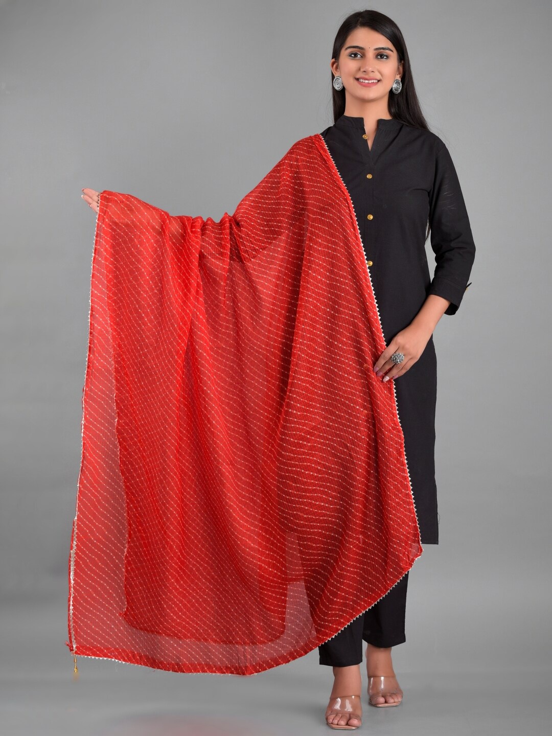 

Apratim Red Striped Leheriya Dupatta with Gotta Patti Border