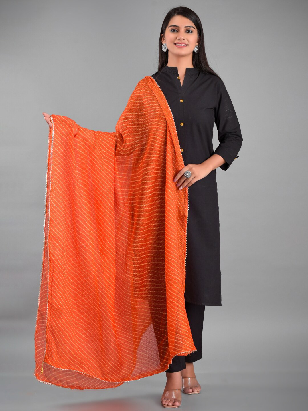 

Apratim Orange & White Printed Leheriya Dupatta