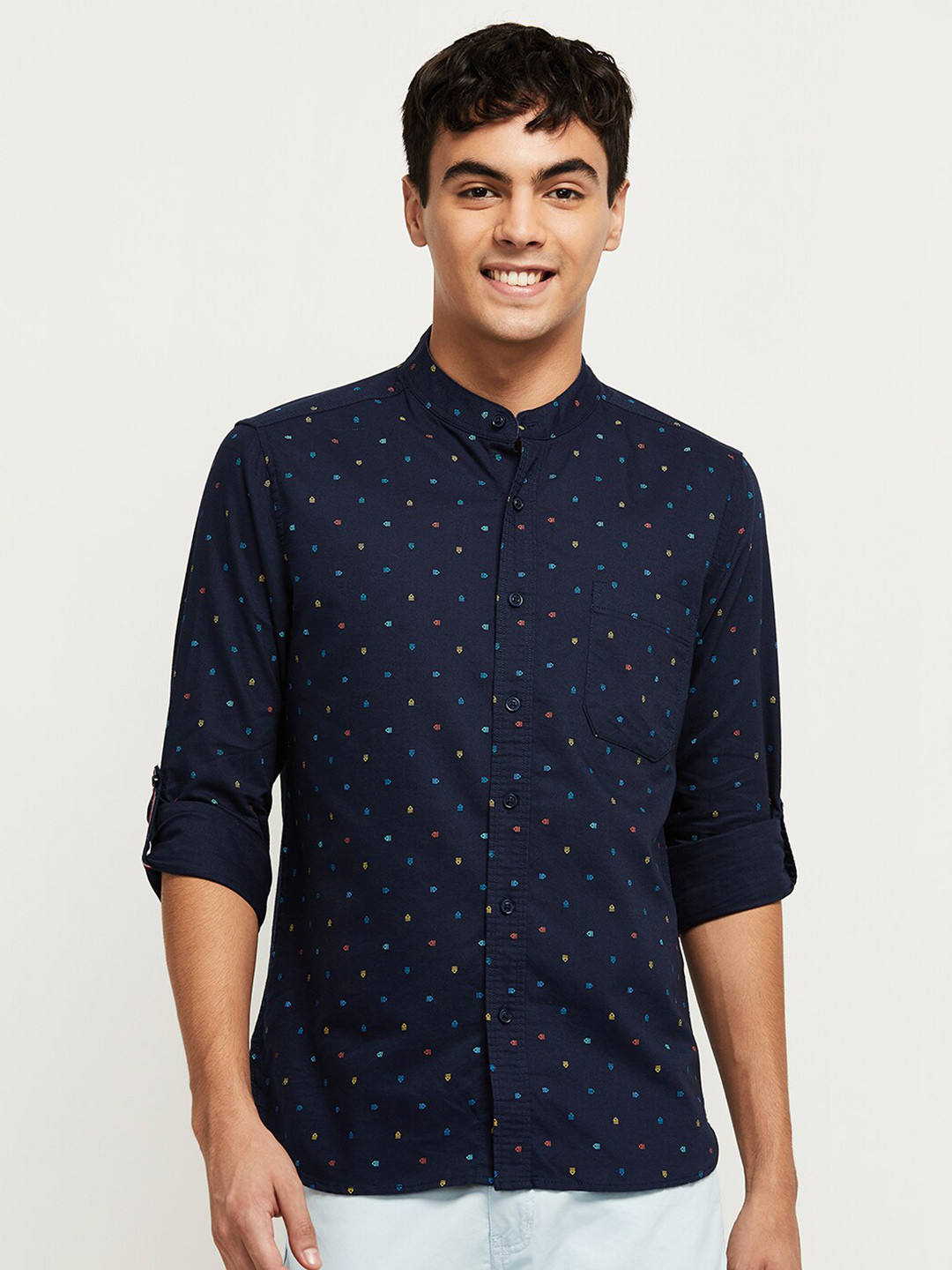 

max Men Navy Blue Micro Ditsy Printed Regular Fit 100% COTTON Casual Shirt