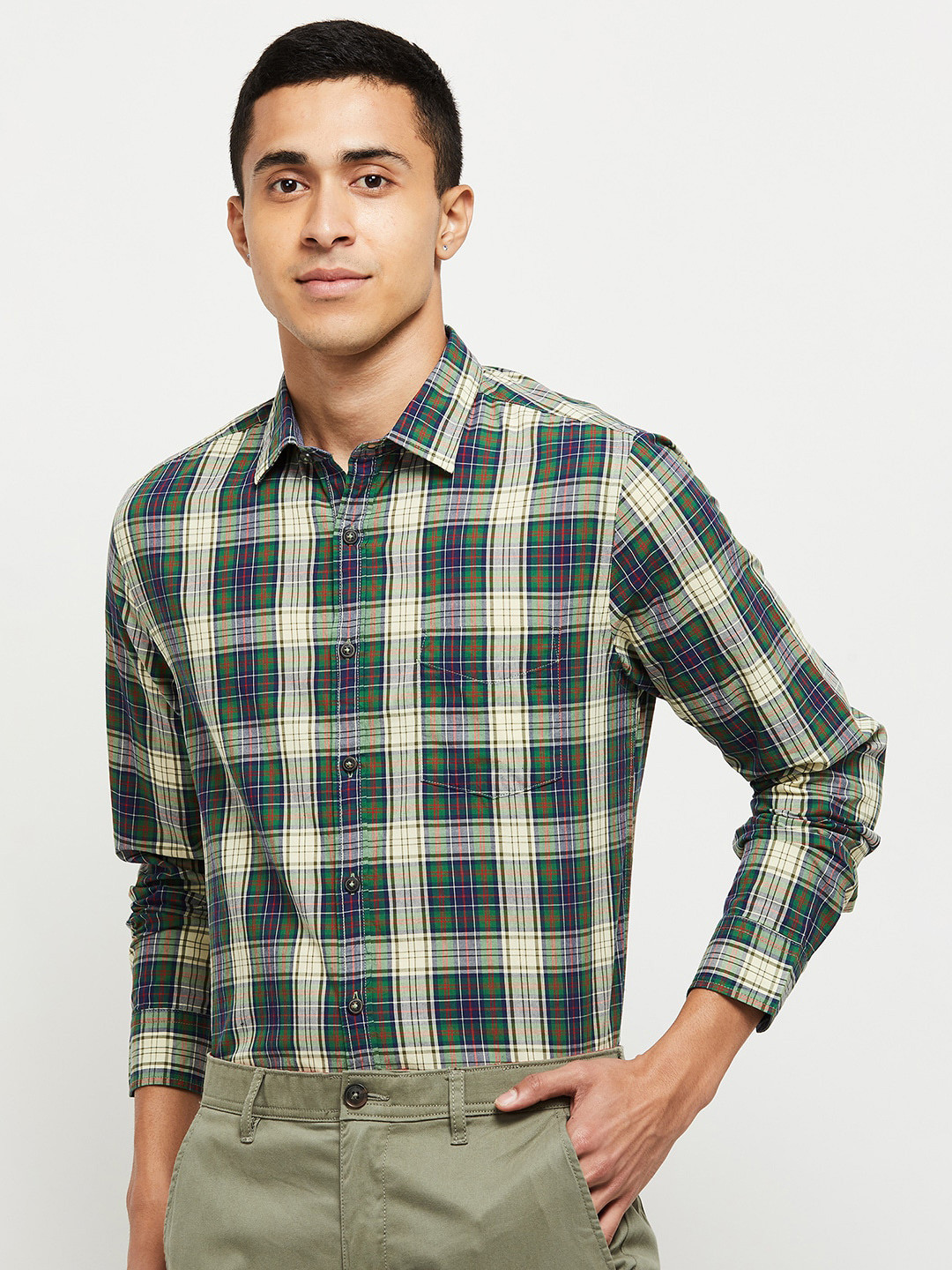 

max Men Green Tartan Checked Casual Pure Cotton Shirt