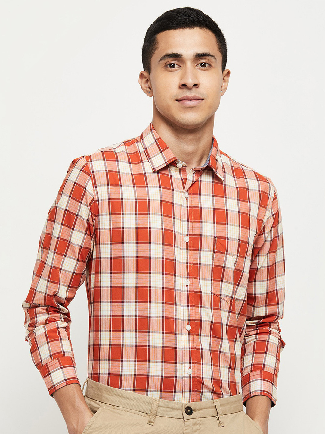

max Men Rust Orange Regular Fit Tartan Checked Cotton Casual Shirt