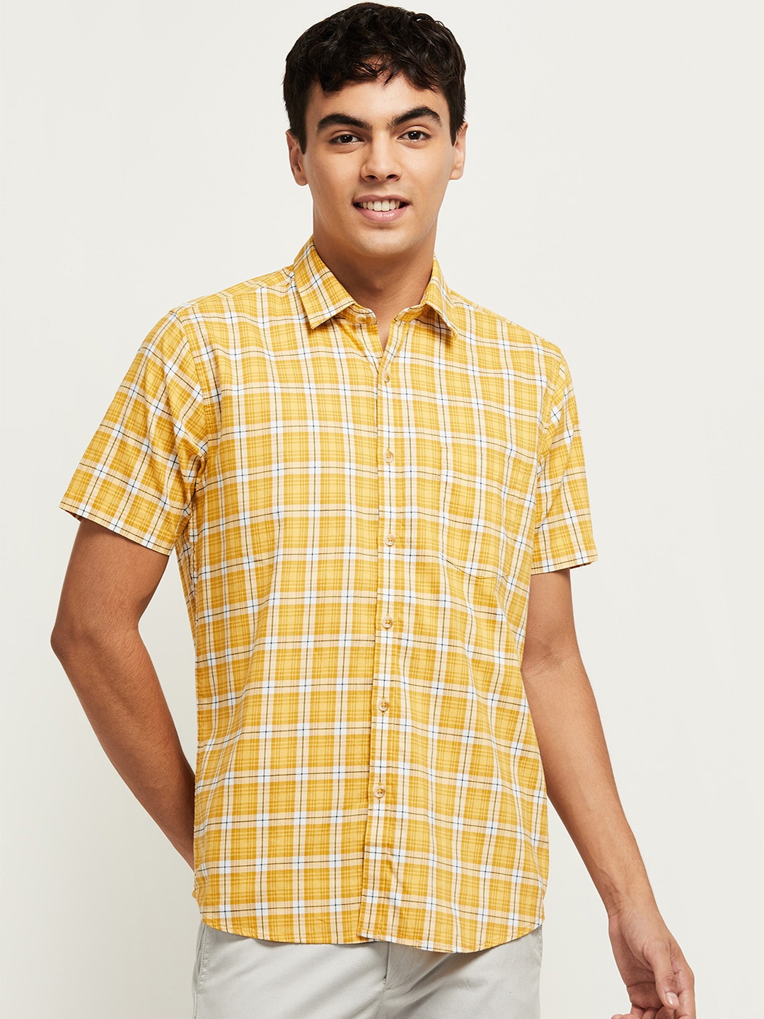 

max Men Yellow Checked Casual Pure Cotton Shirt