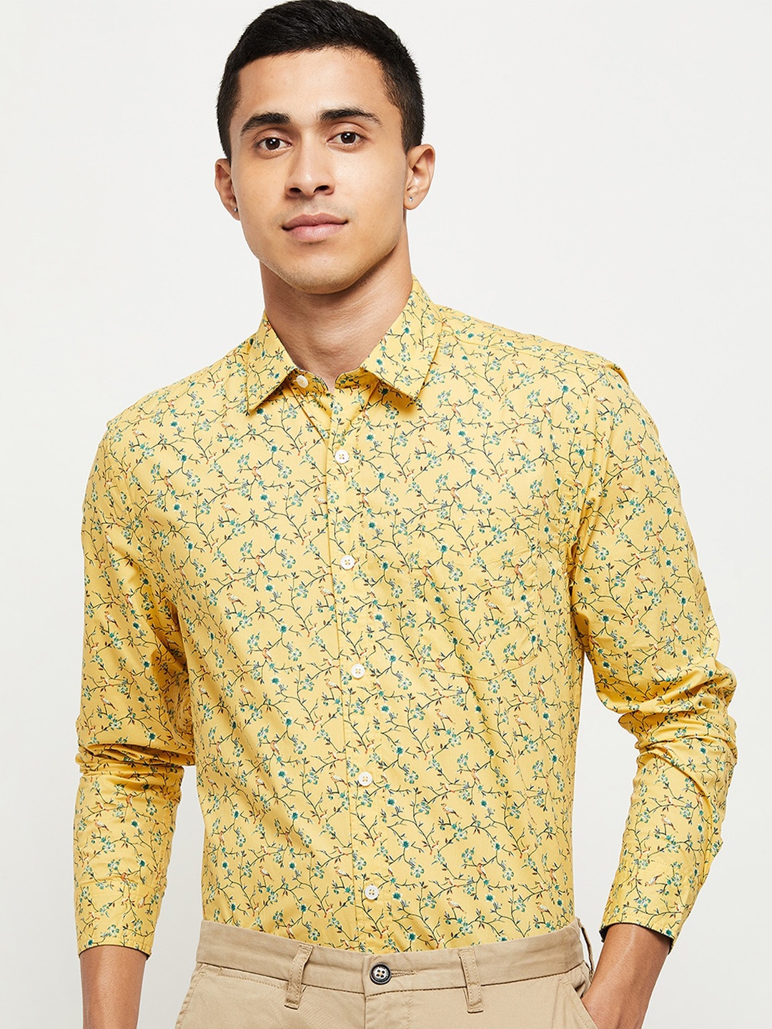 

max Men Yellow Floral Printed Cotton Casual Shirt
