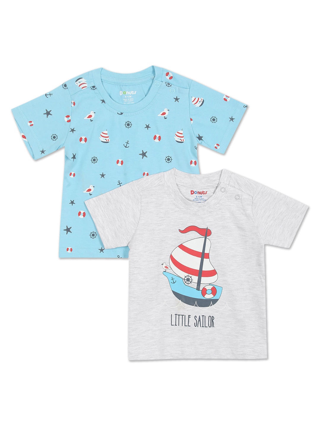

Donuts Pack of 2 Boys Blue & Grey Printed Cotton T-shirt