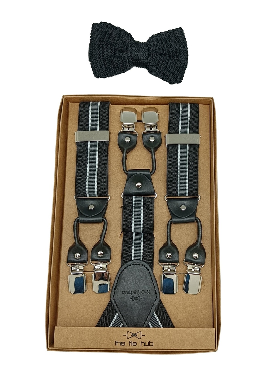 

The Tie Hub Striped Suspender With Bow Tie, Black