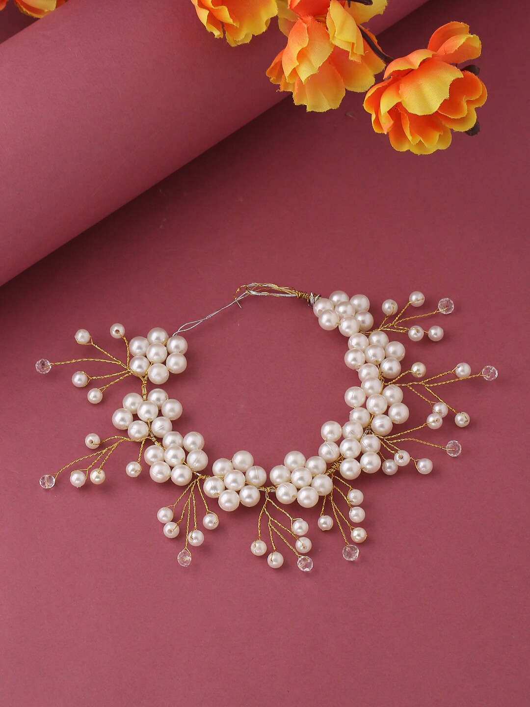 

VIRAASI Women White & Golden Pearl Floral Hair Accessory