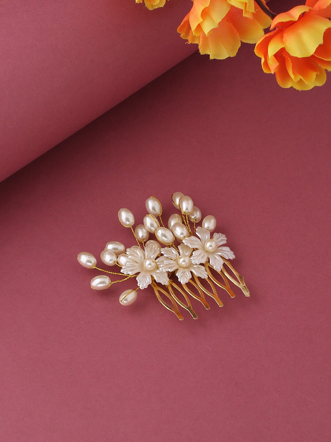

VIRAASI Women White & Gold-Toned Pearls Encrusted Flower Hair Pin