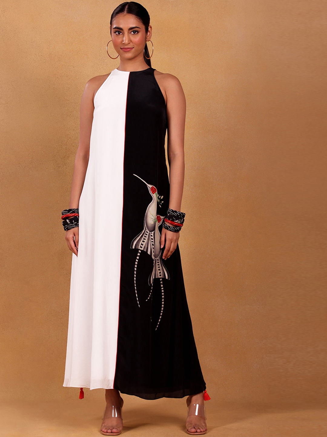 

Masaba Black & White Tropical Colourblocked Halter Neck Crepe Bodycon Maxi Dress