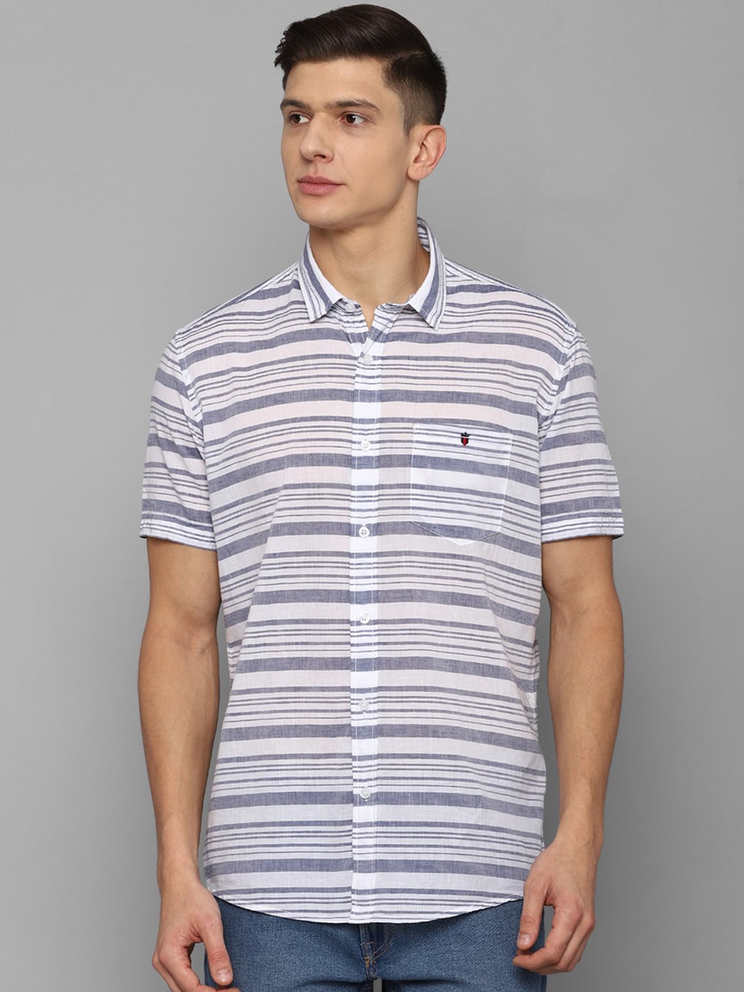 

Louis Philippe Jeans Men Grey Slim Fit Horizontal Stripes Striped Casual Shirt