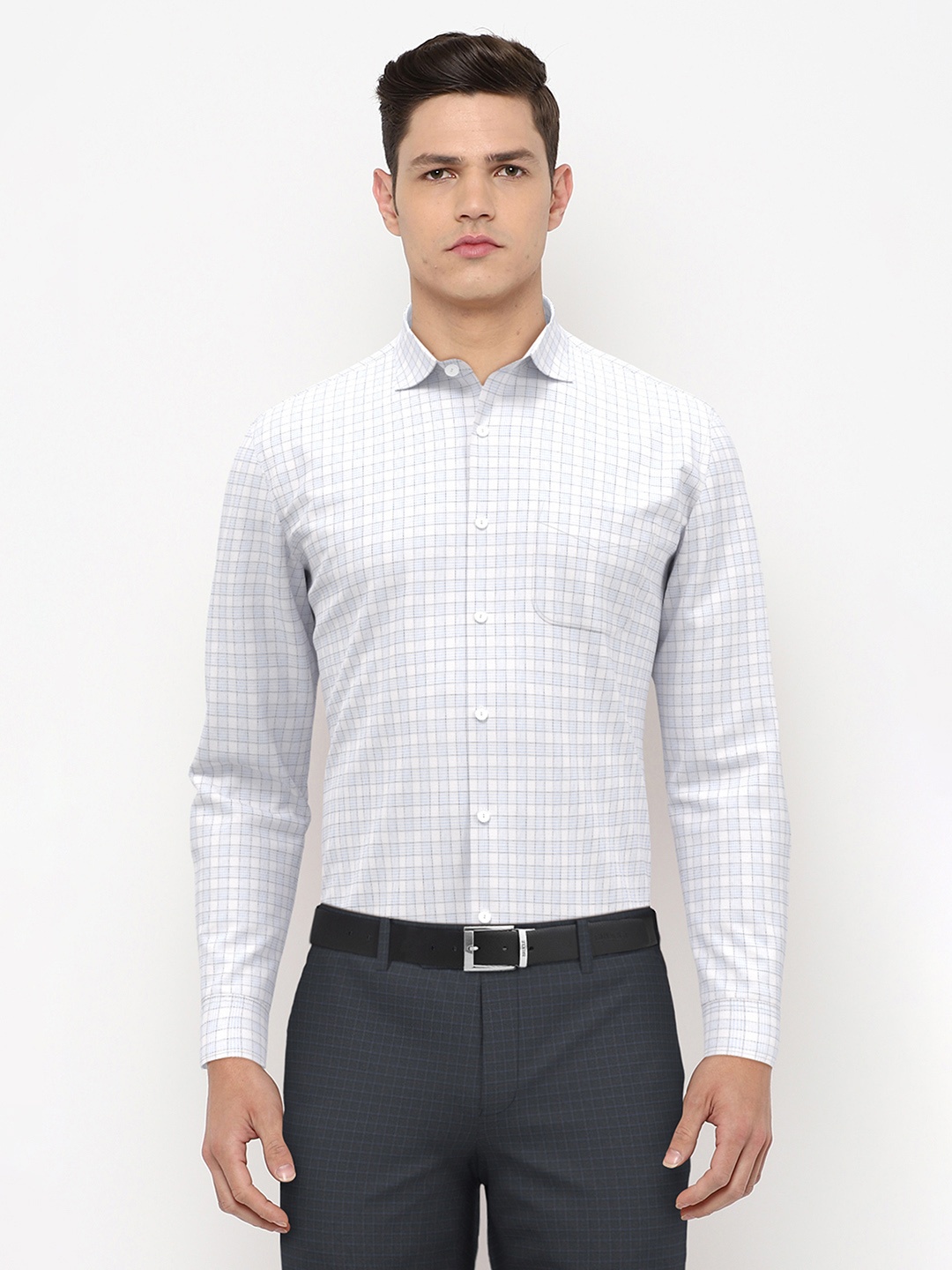 

Peter England Elite Men White Grid Tattersall Checked Cotton Formal Shirt