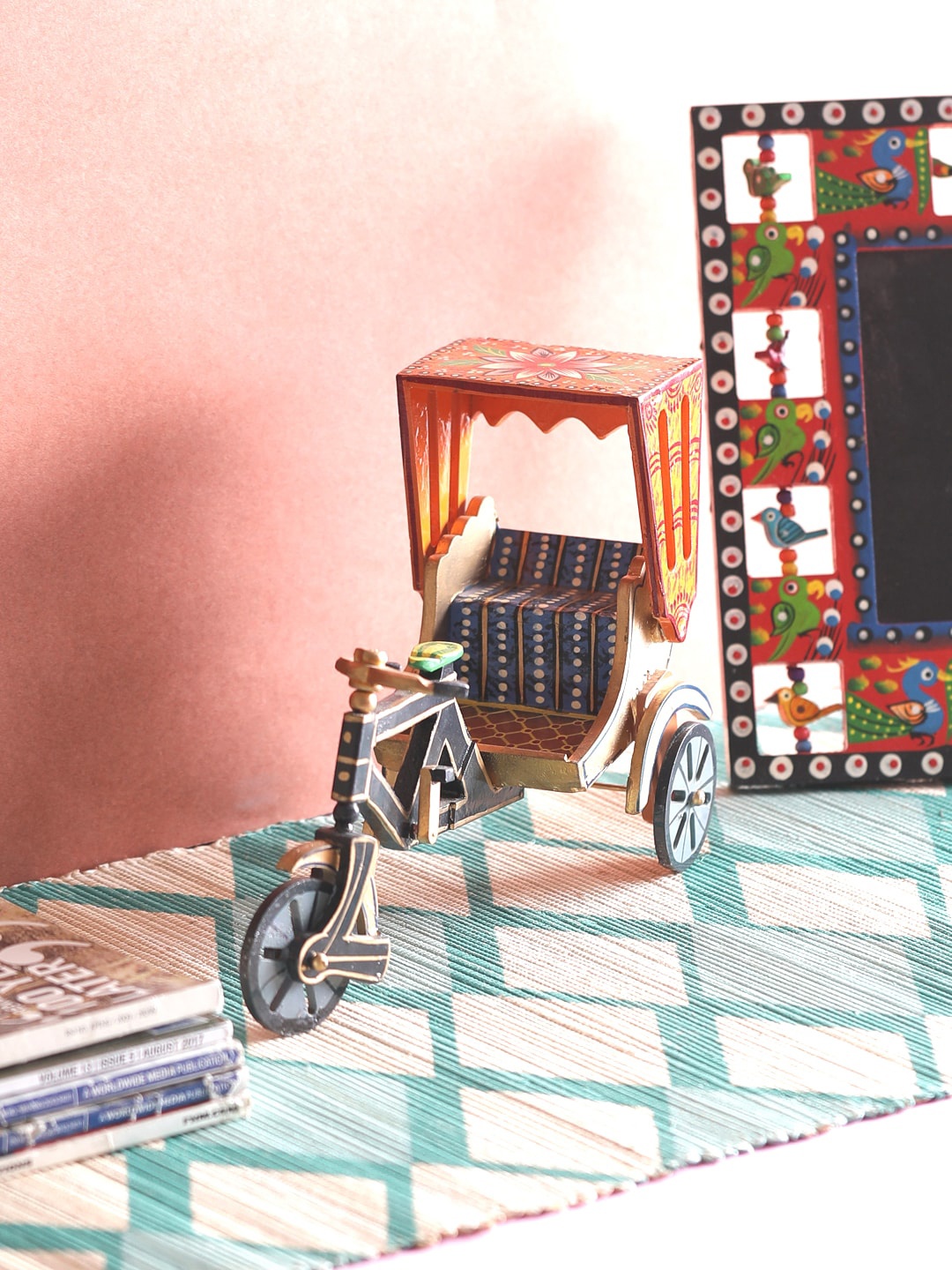 

VarEesha Red & Blue Hand Painted Wooden Riksha Showpiece