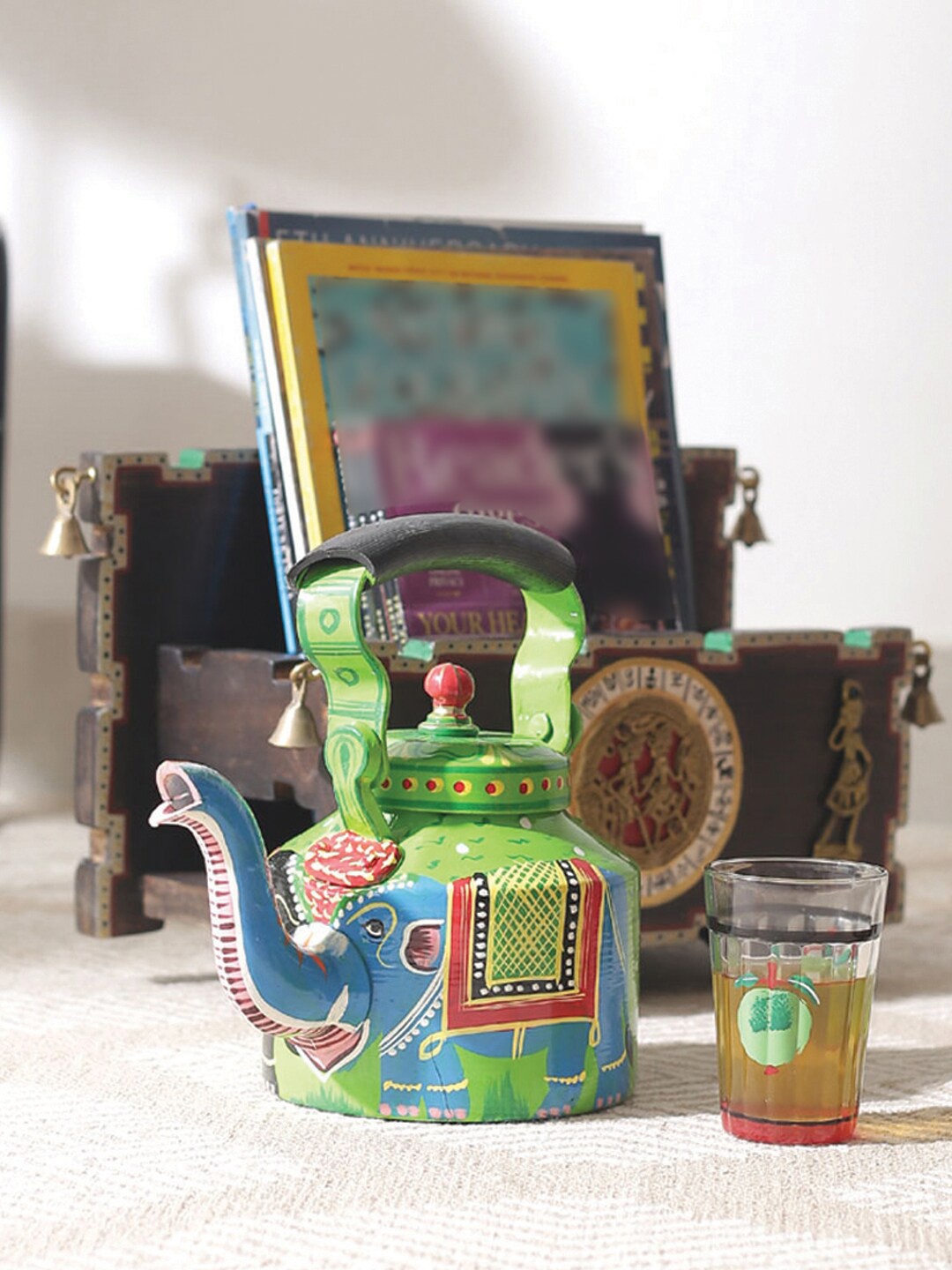 

VarEesha Green RajRang Hand Painted Elephant Kettle Decorative Showpiece